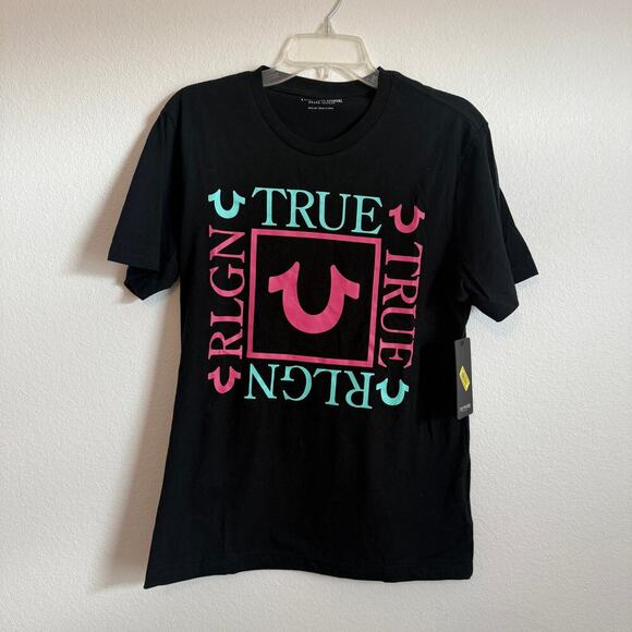 NEW True Religion Crystal Box Black Blue Pink Short Sleeve T-Shirt Mens Medium M - Picture 1 of 6